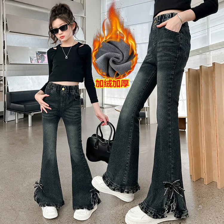 女童加绒牛仔裤秋冬季新款中大童一体绒加厚裤子洋气儿童微喇叭裤