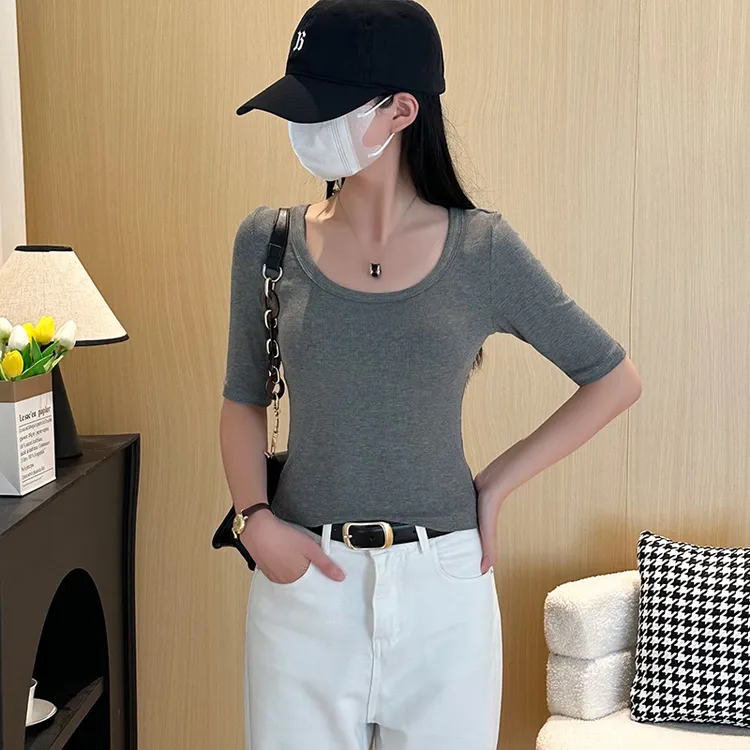 深灰色正肩五分袖打底衫女内搭2025新款修身显瘦中袖t恤短款上衣