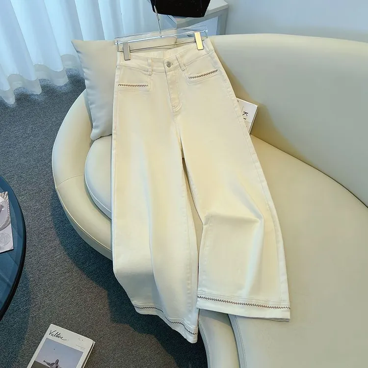 松紧腰九分水洗棉直筒牛仔裤女2025春秋新款宽松显瘦阔腿休闲裤子