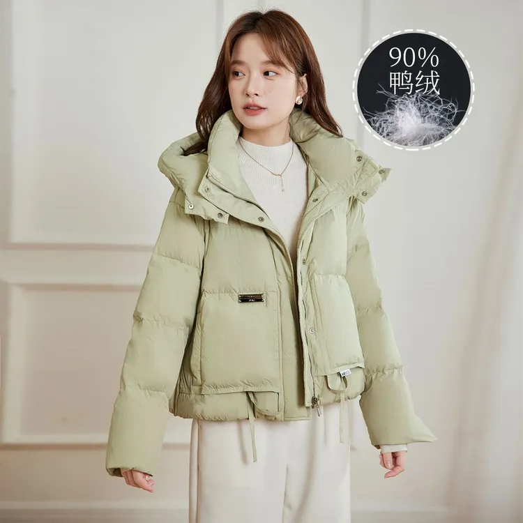 茵曼90鸭绒短款羽绒服女2025冬季加厚保暖面包服连帽羽绒外套女
