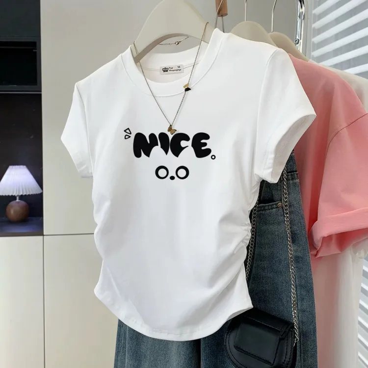 白色正肩修身显瘦短袖T恤女2025新款夏季萌趣卡通小个子洋气上衣
