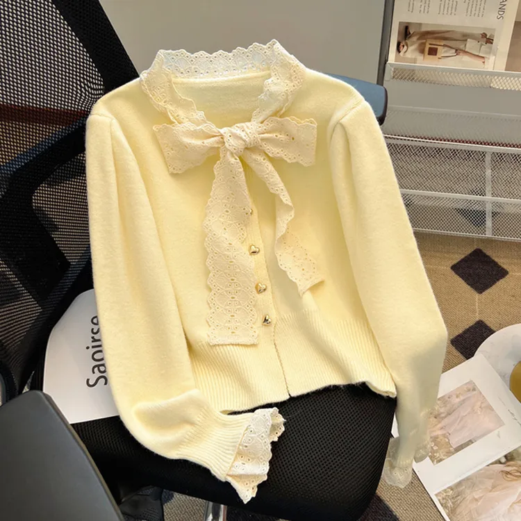 清仓捡漏~秋季法式蕾丝系带蝴蝶结针织开衫女设计感长袖别致上衣
