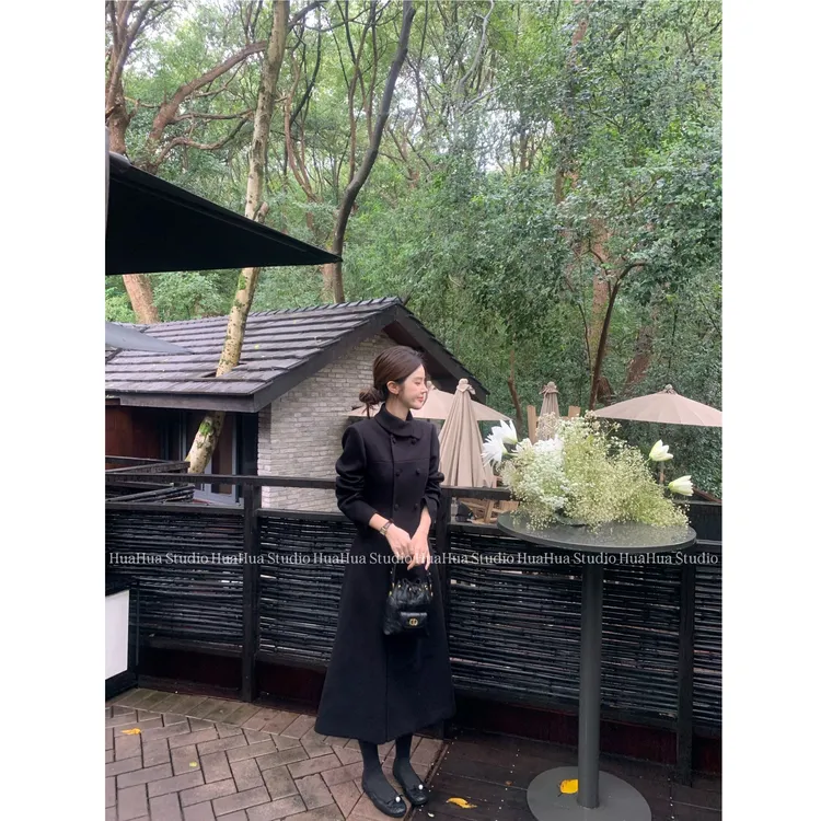 【花花】奥黛丽~韩版小翻领分割线双排扣小香设计感羊毛毛呢大衣