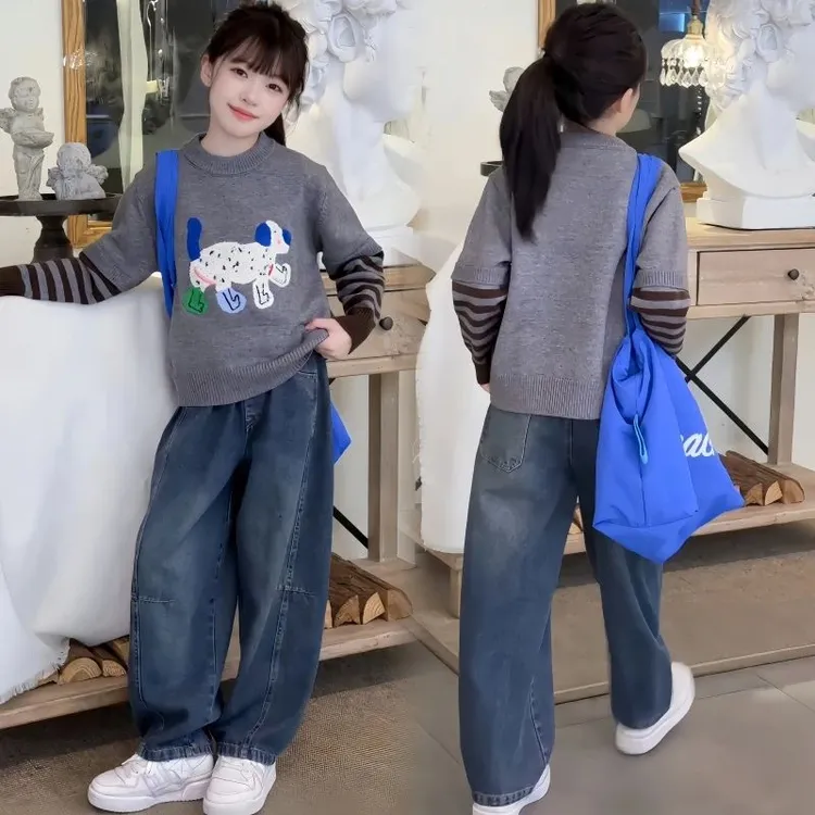 女童假两件毛衣套装2025新款秋冬装女大童加绒牛仔弯刀裤两件套潮