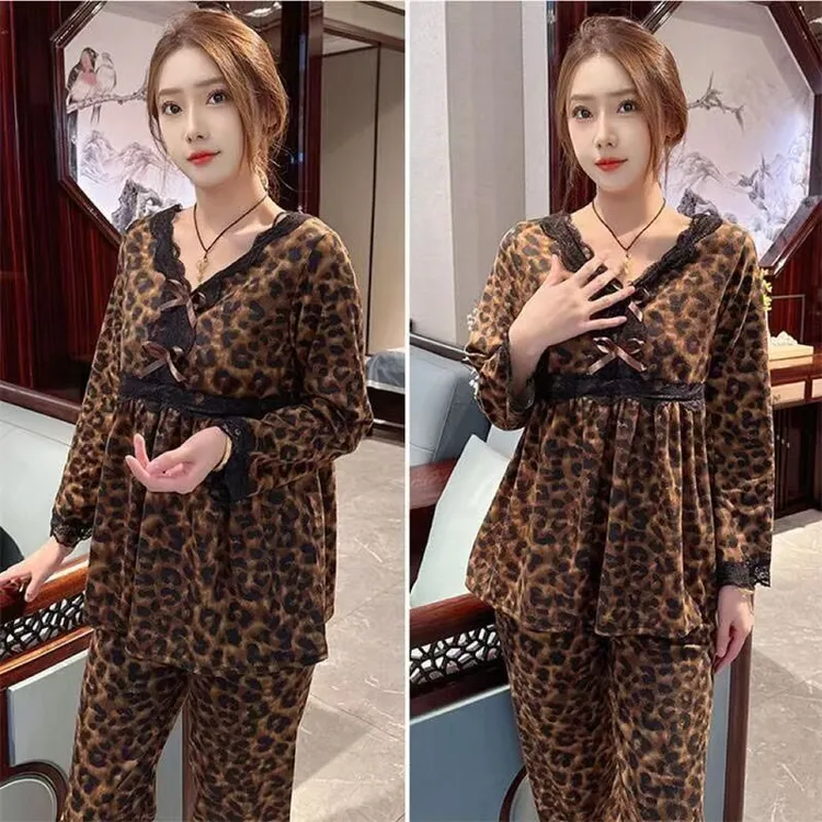 网红女士睡衣高品质秋冬新款德绒保暖加厚豹纹家居服套装可外出