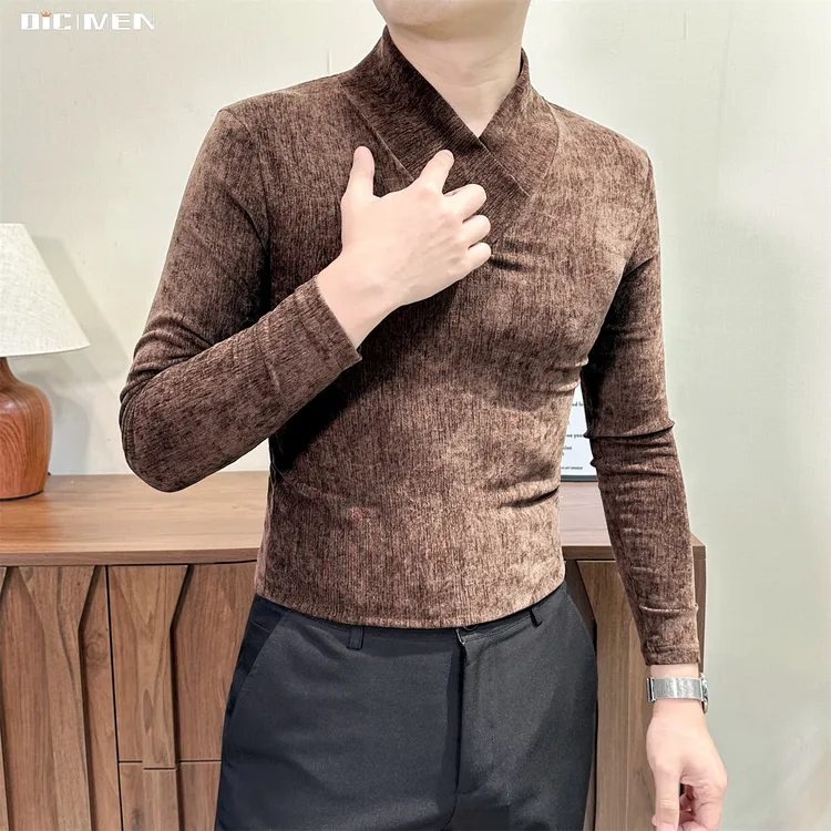雪尼尔复古斜襟领打底衫丝绒修身长袖男士轻奢痞帅风内搭上衣