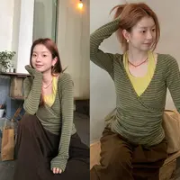 秋冬撞色条纹挂脖纯欲风气质U领T恤254U4106