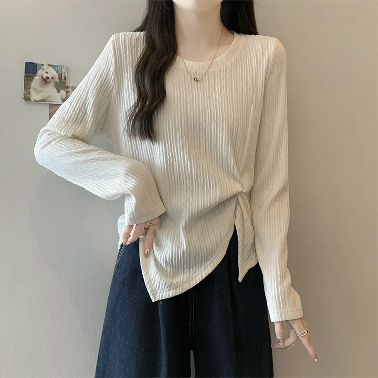 设计感不规则长袖t恤女秋季大码微胖mm收腰显瘦别致漂亮打底上衣