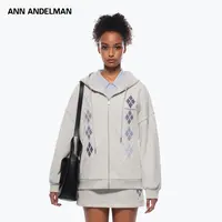 ANN ANDELMAN 25秋时尚设计休闲宽松连帽菱形格卫衣开衫