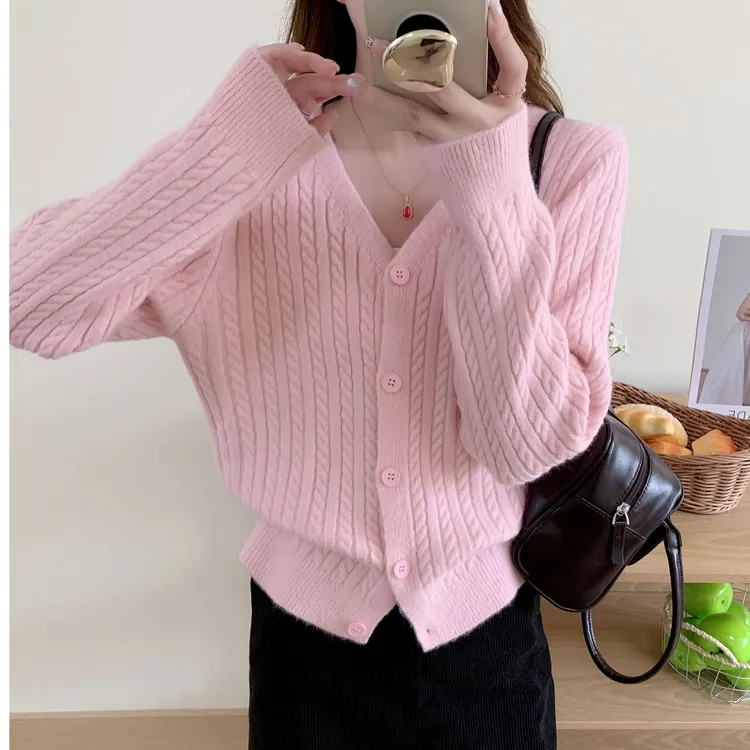 秋季女时尚短款针织衫V领秋冬长袖麻花毛针织衫韩版百搭显瘦上衣