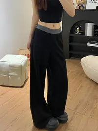 黑色拼接休闲裤女早秋新款胖MM高腰宽松显瘦阔腿拖地裤