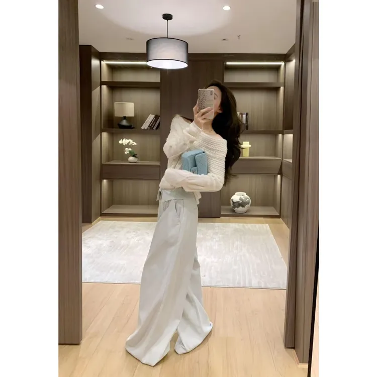 时尚休闲慵懒风穿搭一整套秋季时髦露肩显瘦上衣高腰垂感百搭长裤