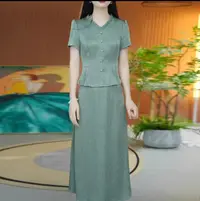 T589  新中式提花短袖两件套连衣裙新款女士纯色上衣＋半身裙套装