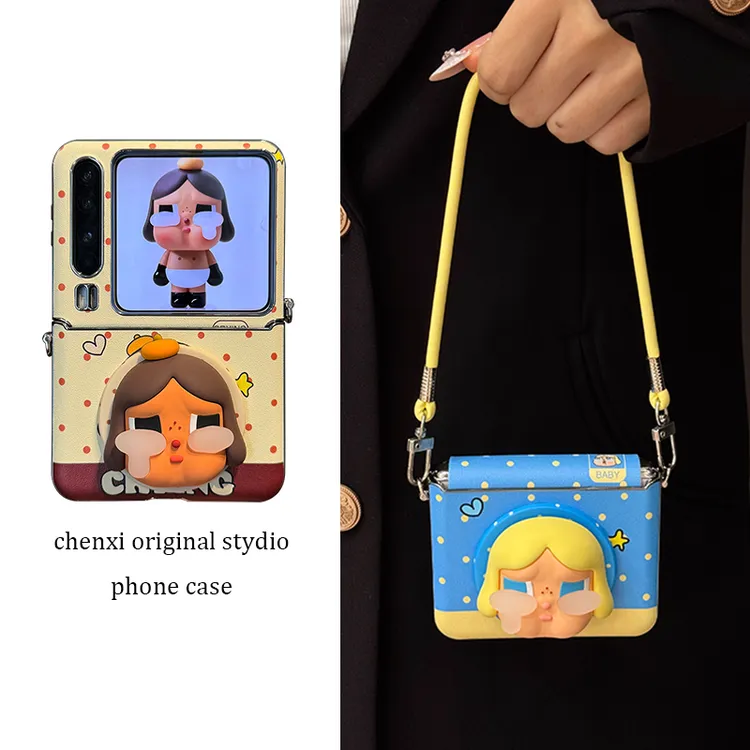 适用华为purax折叠屏手机壳pocket2韩系ins风蓝棕波点立体哭娃