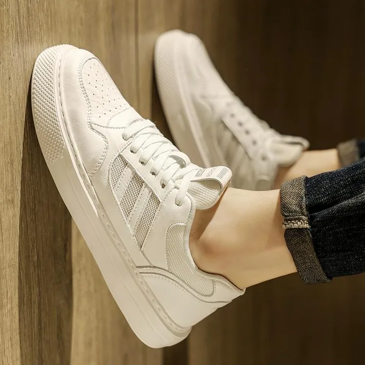 男鞋秋季白色百搭休闲平板鞋男士运动厚底增高真皮高级感小白潮鞋