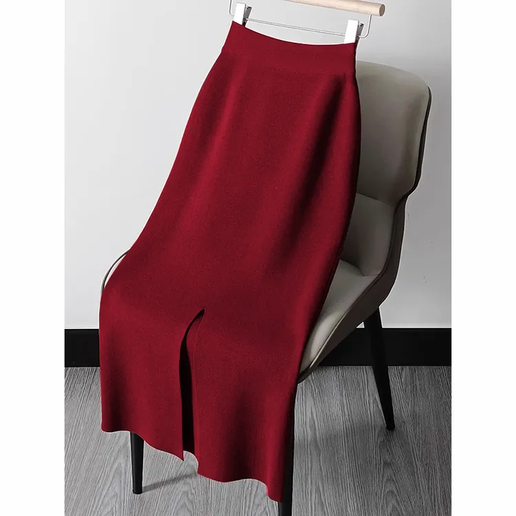 新年红色后开叉高腰直筒针织半身裙女秋冬一步裙显瘦包臀a字长裙