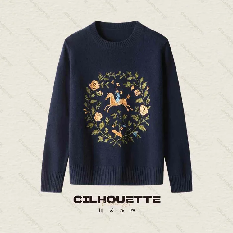 川禾织衣  秋冬宫廷风重工刺绣圆领长袖羊毛针织打底保暖针织衫