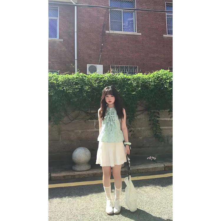 薄荷绿波点无袖背心女夏季小个子穿搭蝴蝶结绑带高腰蛋糕裙两件套