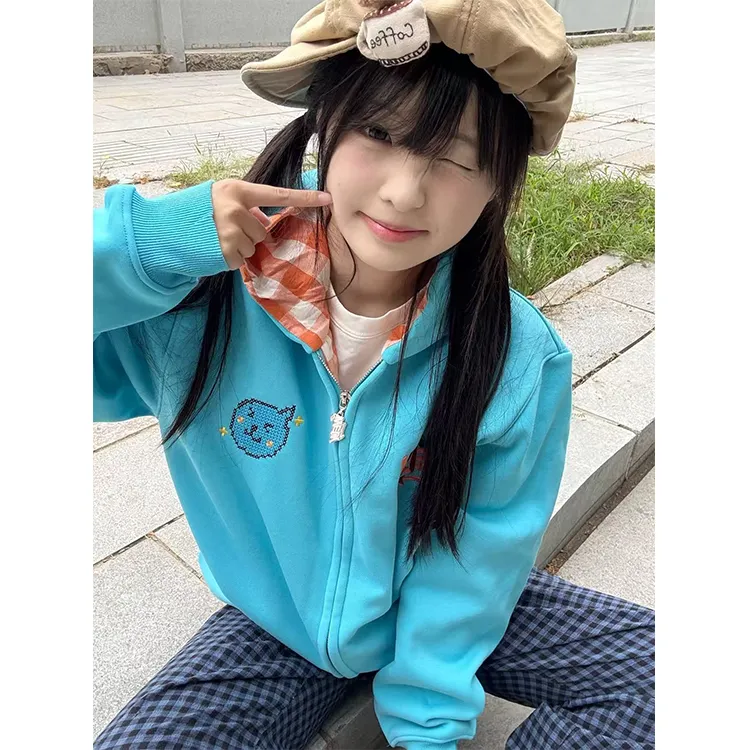美式高街格子拼接撞色刺绣连帽卫衣女秋冬新款宽松高级感开衫外套