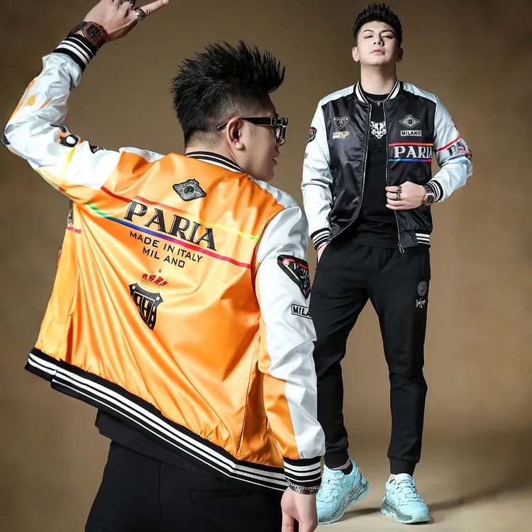 洛辛普肯欧货秋季潮流印花烫钻夹克外套男士休闲棒球服青年上衣