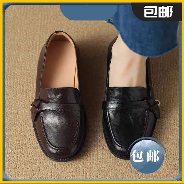 真皮版~中跟乐福鞋女2025春秋新款软底单鞋英伦风复古百搭棕色小