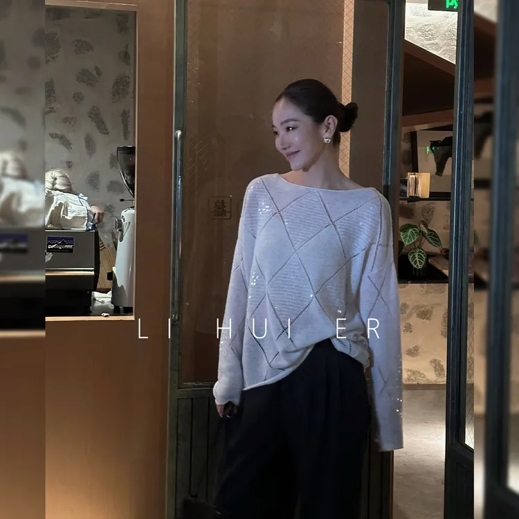 LiHuiEr李慧儿【人鱼泪】冬款时尚气质百搭米灰色针织上衣YCMZ-036