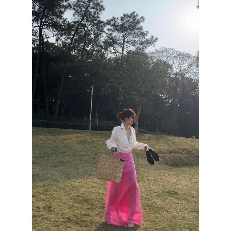 高级感白色V领长袖衬衫上衣女2025春季新款显瘦玫红半身裙两件套 