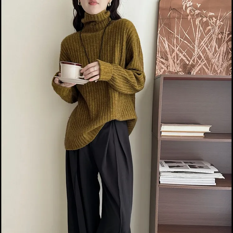 毛衣打底衫女款爆款新款洋气牦牛绒堆堆领竖条纯色套头针织衫3934