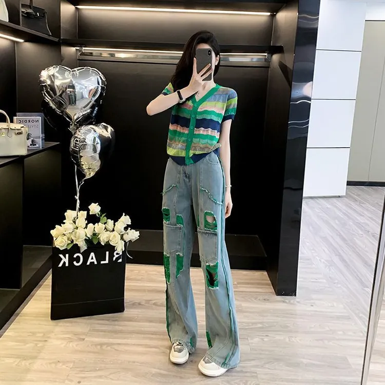 【新中式服装甄选】时尚新款夏季网红爆款减龄绿色条纹针织衫T恤高