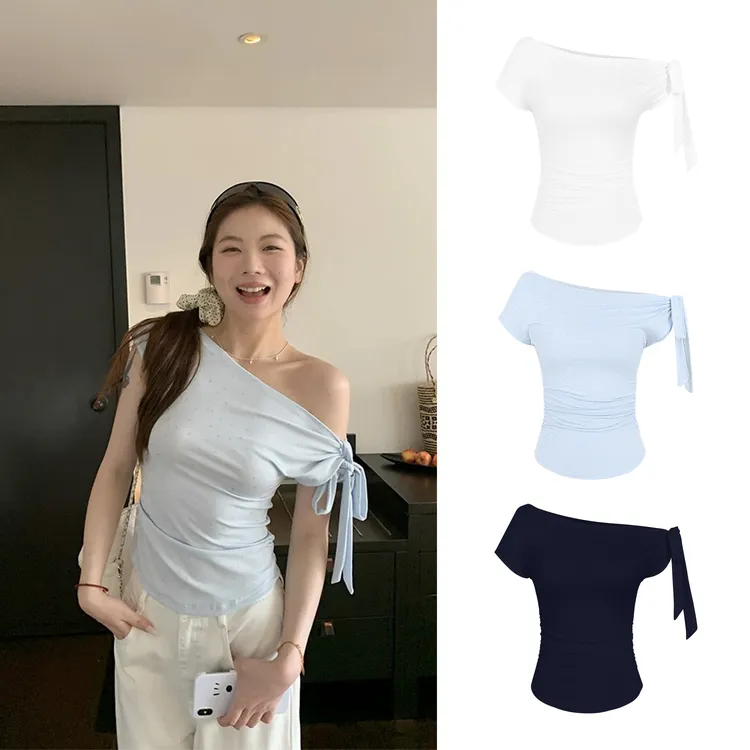 一衣多穿！斜肩绑带蝴蝶结修身短袖t 8656#