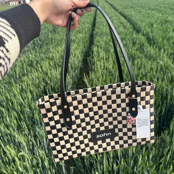 撞色格子时尚长方形托特包便携通用手拎单肩手提包编织沙滩包