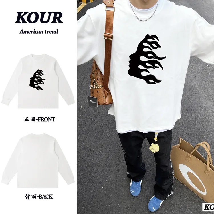 虚影人物侧脸美式高街复古长袖T恤重磅纯棉上衣宽松百搭打底衫ins