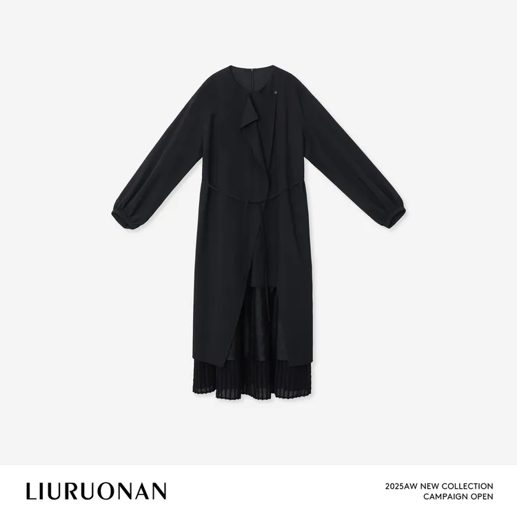 LIURUONAN 25WIN【黑兰】圆领不规则飘叶拼接裙摆中长款连衣裙