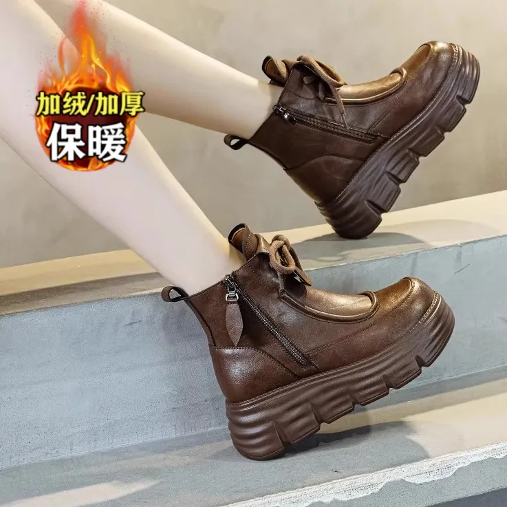 品牌真软皮马丁靴女秋冬季新款加绒加厚保暖棉靴防滑厚底雪地靴子