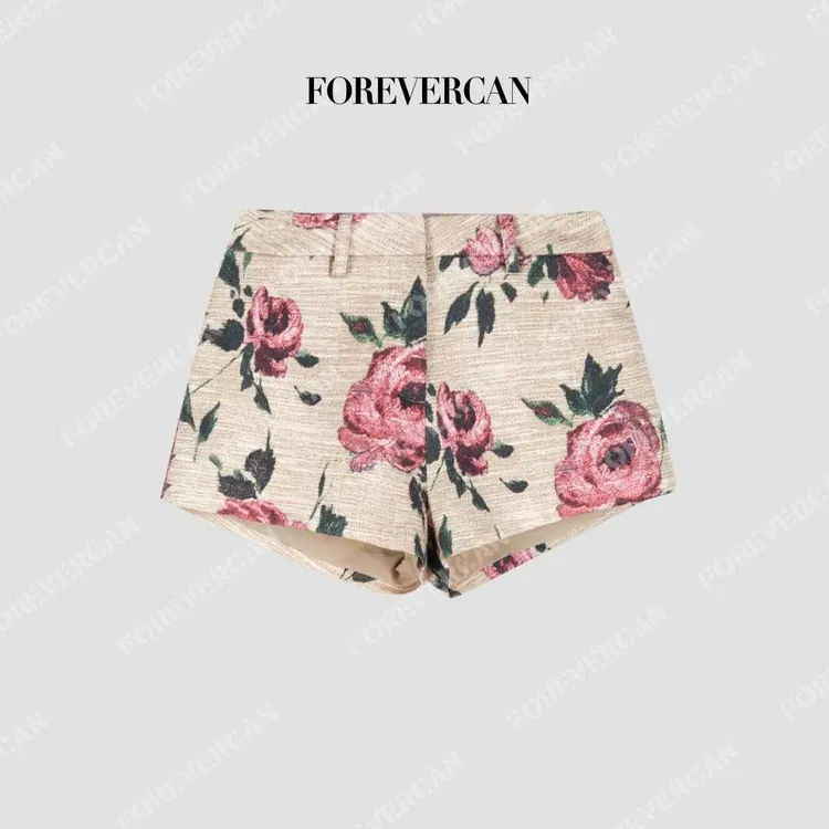 FOREVERCAN“国色芳华”牡丹印花编织肌理A字显瘦短裤 SP23664