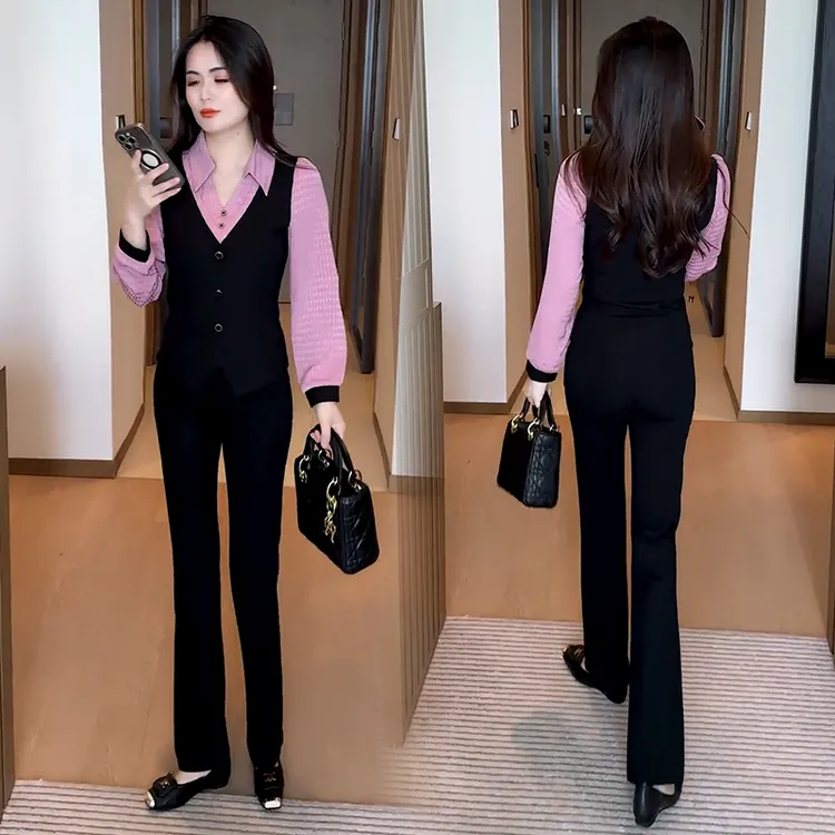 时尚套装女2025秋季新款洋气小众长袖假两件衬衫微喇裤气质两件套