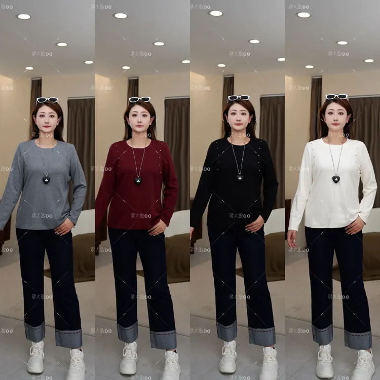 【栩栩早秋上衣】PDM22517秋季新款显瘦弹力设计感圆领内搭大码女装