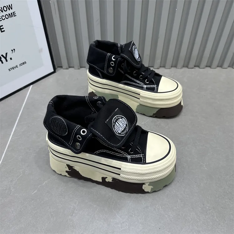 女士女鞋时尚休闲百搭运动夏季厚底高帮黑色复古黑白韩版拼色潮鞋
