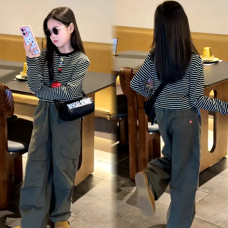 女童条纹套装中大童春秋显瘦时尚休闲工装裤女孩洋气针织百搭打底