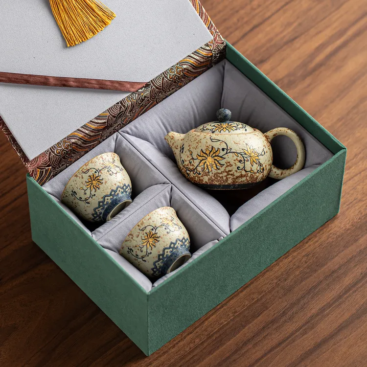复古青花火石红功夫茶具套装家用办公高档泡茶壶茶杯陶瓷一壶两杯