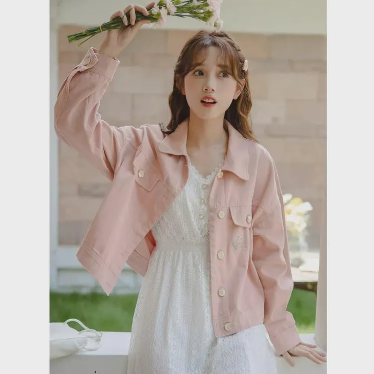 甜美粉色牛仔外套女春秋季2024新款爆款上衣刺绣牛仔衣短款小个子