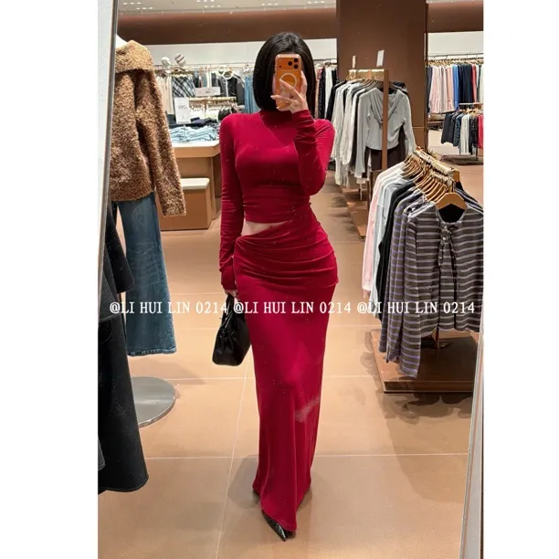 LIHUILIN/半高领薄绒镂空纽结上衣+纽结包臀半身裙套装