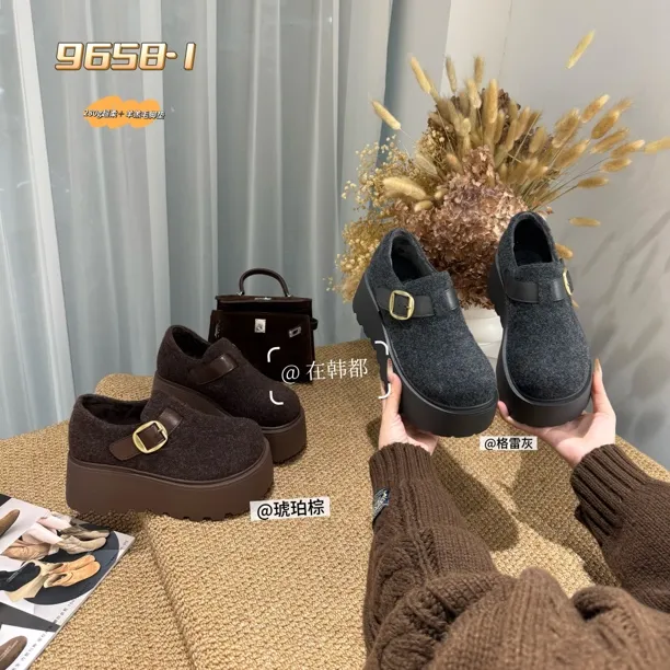 【ZHD】7CM呢绒勃肯鞋～羊羔绒鞋垫冬新款厚底增高皮带扣休闲鞋96581