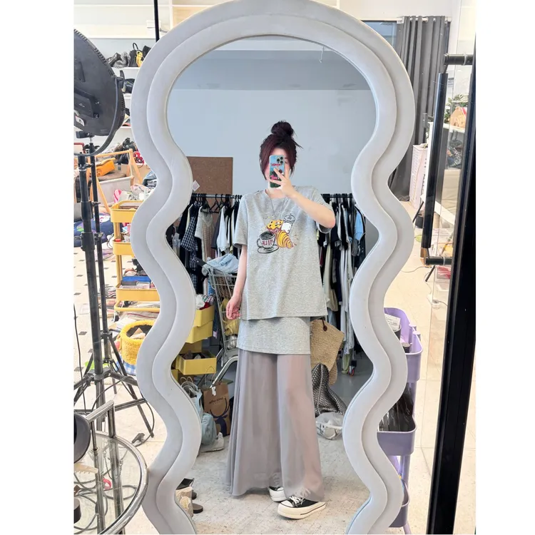 晶咕【美食家】胸前美食图案短袖T+假两件高腰网纱拼接半身裙