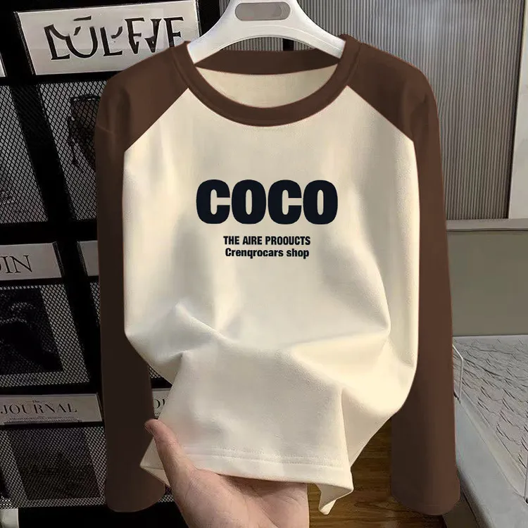 纯棉圆领遮肉大码2025春秋新款拼接百搭插肩长袖T恤衫女休闲上衣