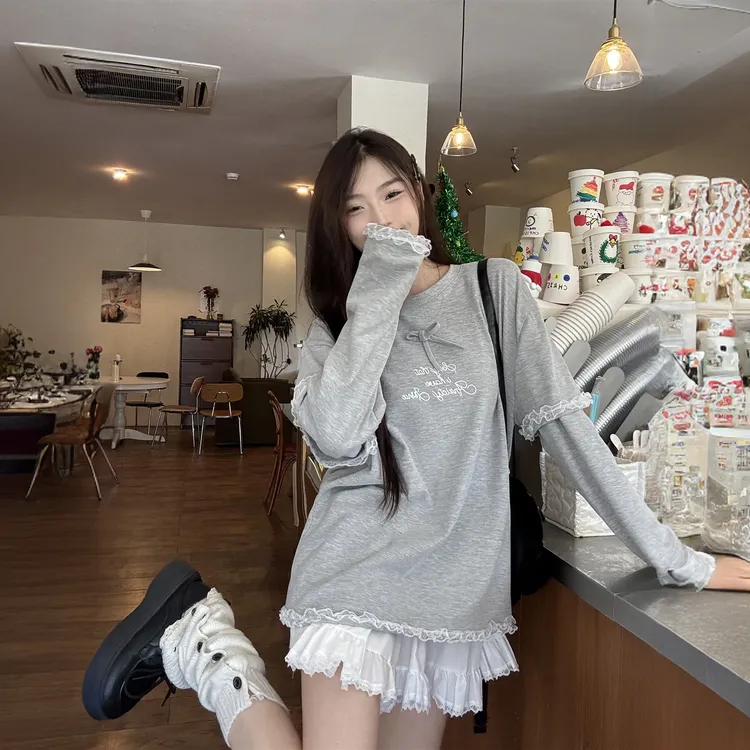 花灰色蕾丝花边假两件长袖t恤女款冬季蝴蝶结系带拼接设计感上衣