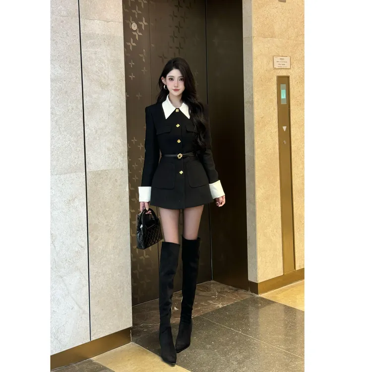 法式百搭2026新款长袖名媛黑色时尚宽松型两件套小香风短裤两件套