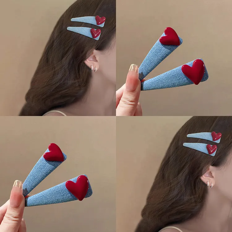 爱心牛仔布艺三角发夹少女甜美侧边夹前额碎发夹2025新款bb夹头饰
