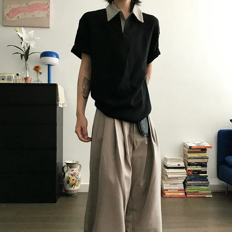 千鸟格美式正肩翻领t恤男夏季cleanfit重磅POLO衫短袖高级感半袖