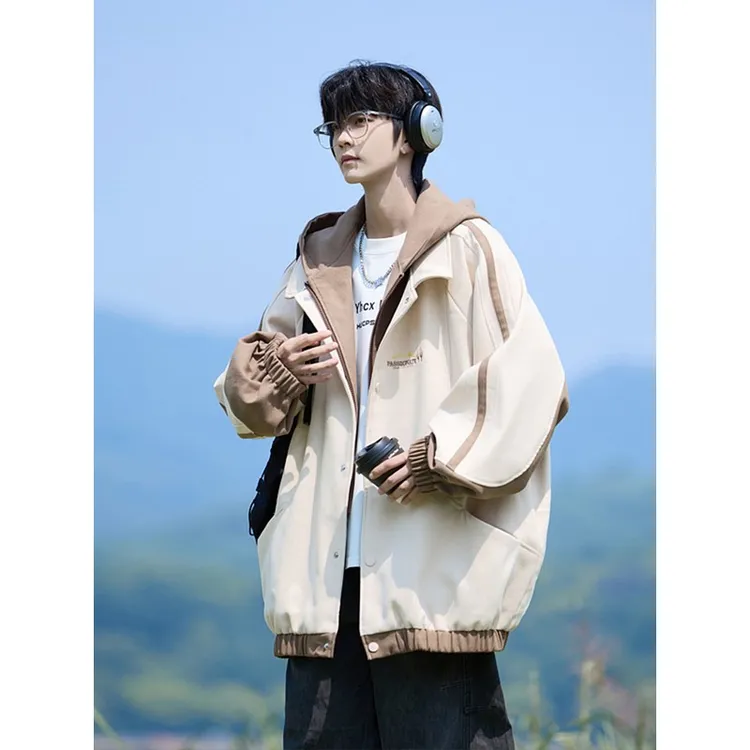 假两件外套男孩春秋季新款初高中学生青少年潮流帅美式潮流假两件